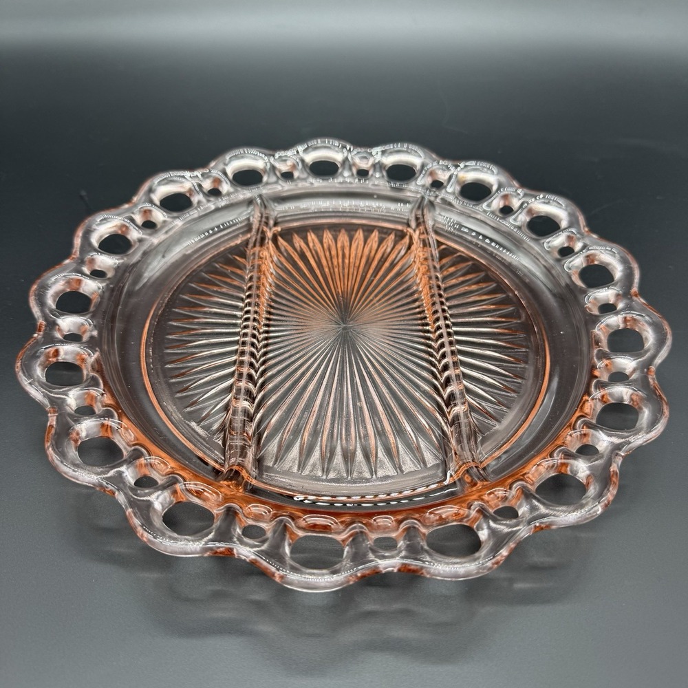 Anchor Hocking Old Colony Open Lace Pink Depression Glass Divided Relish Plate